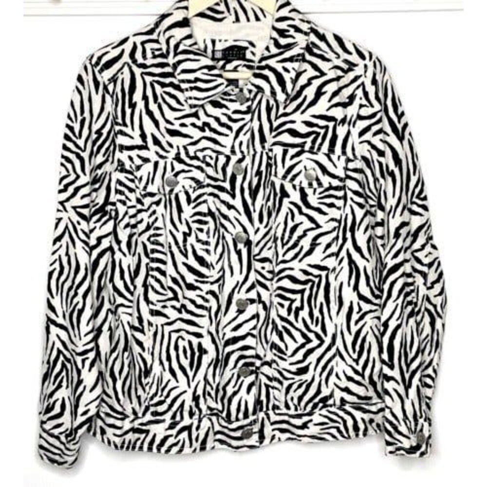 Carole Little 100% Linen Jacket 1X- White/Black Zebra Animal Print-Button down